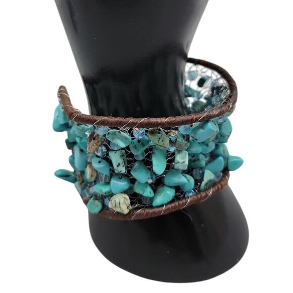 Chunky Turquoise Open Cuff Bracelet Wire Stitched Stones Handcrafted Size 7.5" - Picture 2 of 16